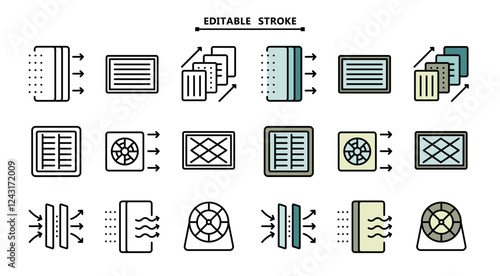 Air Filter And Airflow Collection Icons Set Vector. Editable stroke. Air Filter Equipment, Domestic Device For Filtration Concept Color Pictograms. Filtration process. Potable water symbols. Isolated 