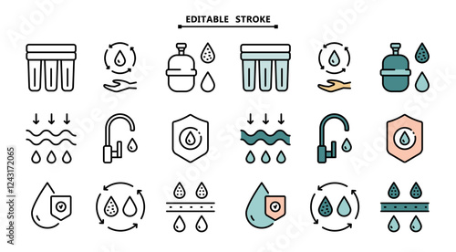 Simple Set of Water Related Vector Color Icons. Editable stroke. Water purification icon set. Wastewater treatment collection. Osmosis and desalination. Filtration process. Potable water symbols. Isol