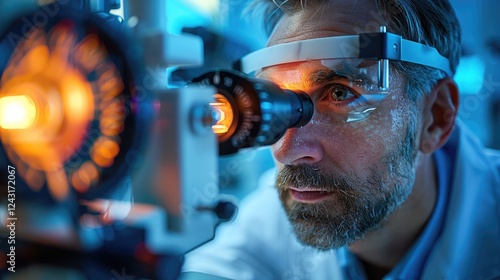 An ophthalmologist carefully examines a patient's eye through a slit lamp in a well-equipped clinical environment. The doctor utilizes advanced technology. World glaucoma or National Doctor's day.