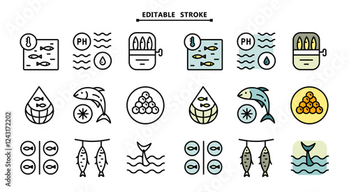 Fish farm icons set. Editable stroke. Color set of fish farm icons. Simple vector illustration for mobile concept and web design.
