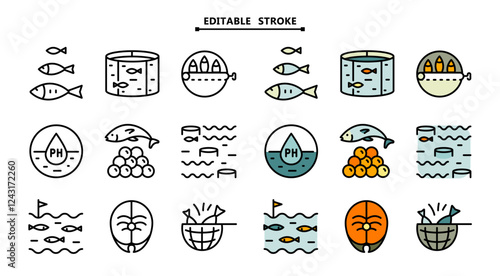 Fish farm icons set. Editable stroke. Flat set of fish farm icons. Simple vector illustration for mobile concept and web design.