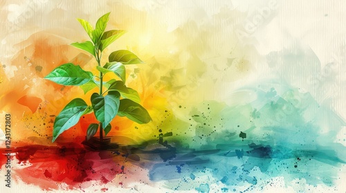 The artwork showcases a vibrant Tulsi plant at the center, surrounded by an array of colors blending seamlessly into an artistic backdrop, creating a serene Holi atmosphere