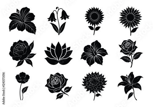 Flower silhouettes set. Collection of flowers vector illustration on white background