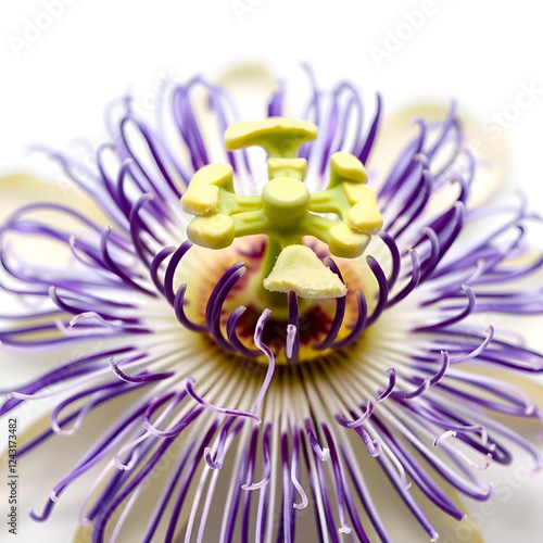 Closeup of a passionflower with its intricate purple and white petals isolated on a plain white background for botanical studies photo