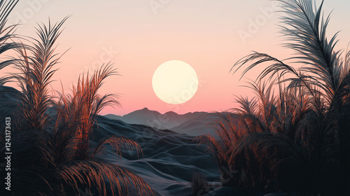 Silhouetted tropical foliage framing a serene sunrise over rolling hills, perfect for travel websites, nature blogs, and relaxation or meditation content. Wallpaper, abstract landscape background