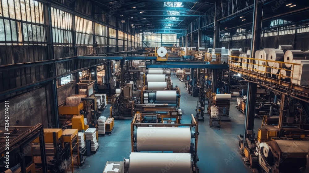 A spacious industrial warehouse filled with large rolls of material and machinery. A spacious industrial warehouse filled with large rolls of material and machinery.