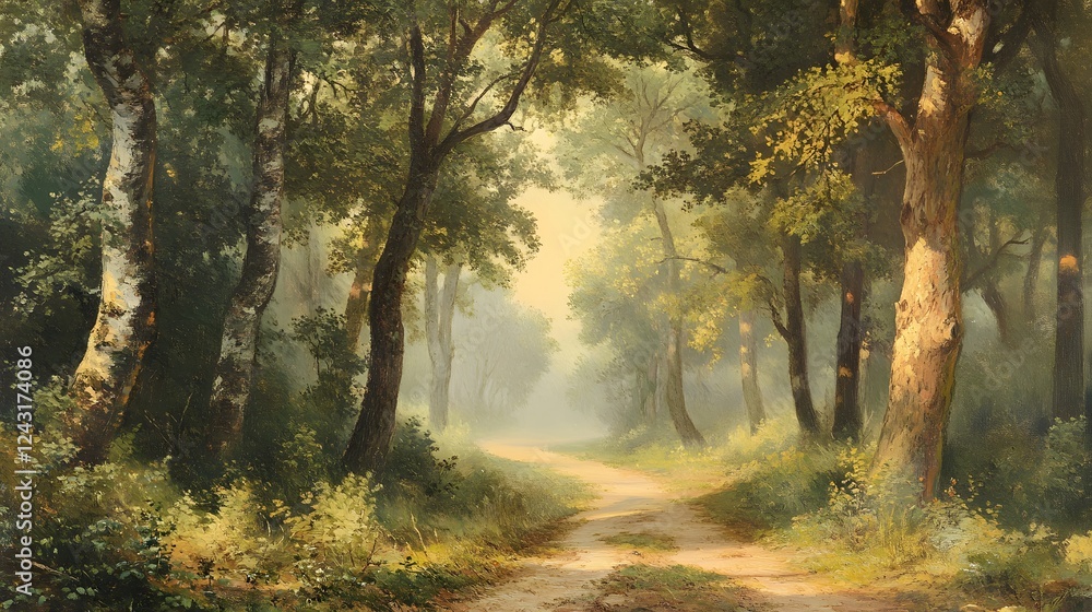 Naklejka premium A winding dirt road leads through an ancient forest 