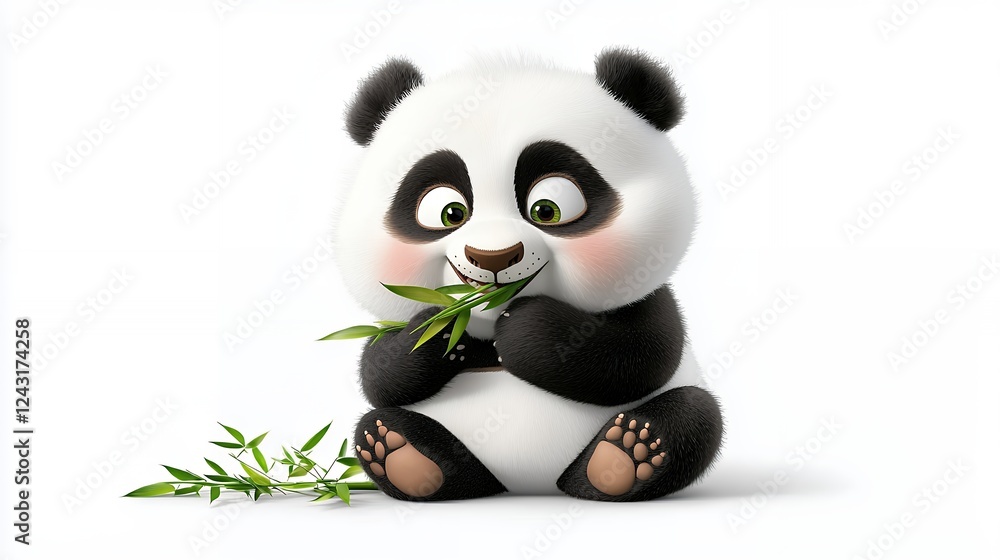 Adorable Fluffy Panda Cub Enjoying Bamboo Shoots Against White Background Adorable Fluffy Panda Cub Enjoying Bamboo Shoots Against White Background