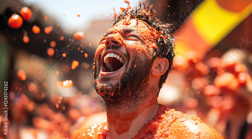 A person covered in tomato sauce and surrounded by falling tomatoes at the Tomatina festival in Spain, screaming with joy photo