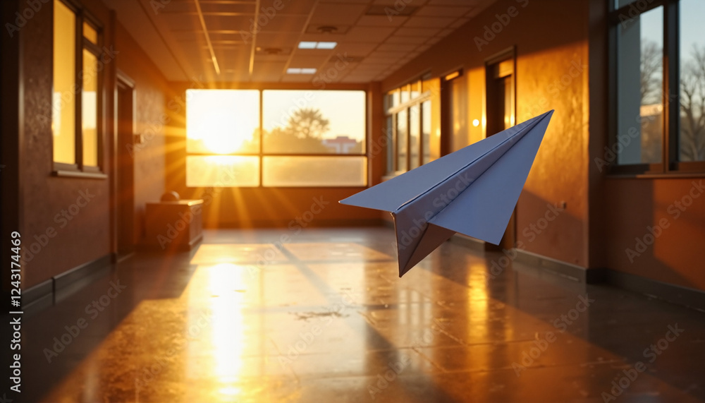 Fototapeta premium Paper airplane flying in school hallway with sunset light.
