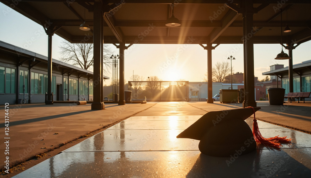 Fototapeta premium Graduation cap with tassel on platform during sunset.