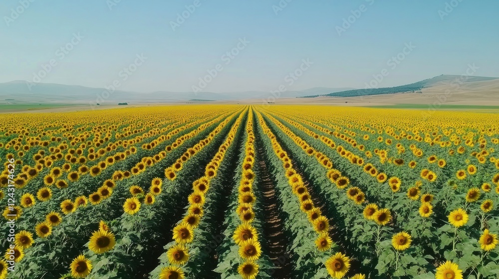 Sunflower field under a clear sky with tall flowers swaying
Sunflower field under a clear sky with tall flowers swaying