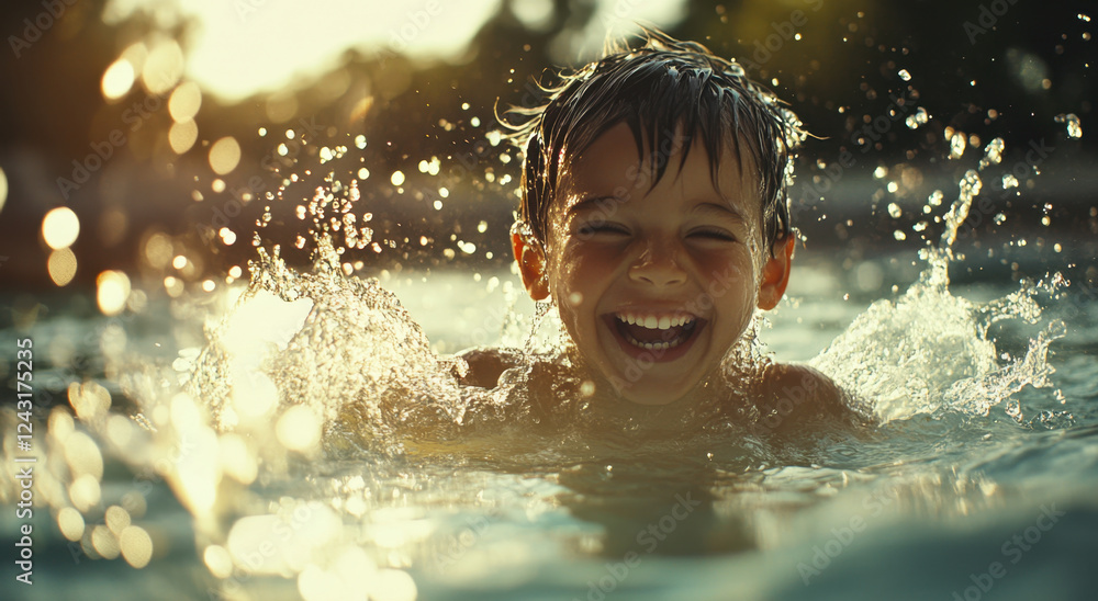 A cheerful child is enjoying the refreshing water, laughing joyfully while splashing around on a sunny summer day A cheerful child is enjoying the refreshing water, laughing joyfully while splashing around on a sunny summer day
