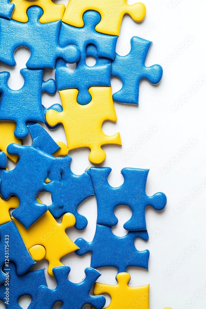 Fototapeta premium Photo of blue and yellow puzzle pieces on a white background, stock photo for a racing game. The top right corner is empty for text. There is white space at the bottom of the image. 