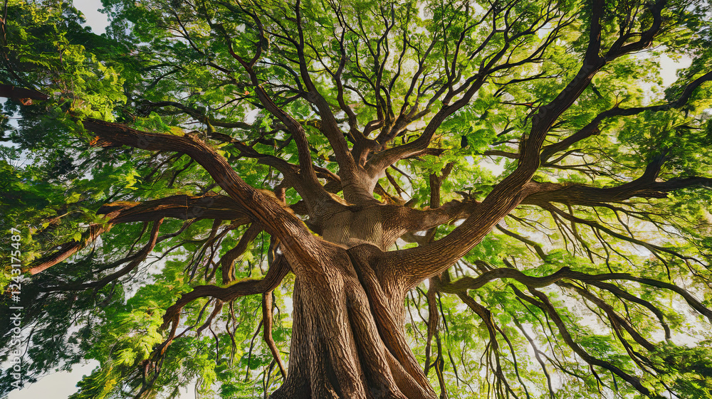 Fototapeta premium Majestic Tree with Sprawling Branches and Textured Brown Bark, Dense Vibrant Green Foliage Illuminated by Sunlight, High-Resolution Perspective from Below, Towering Overhead, Nature's Strength