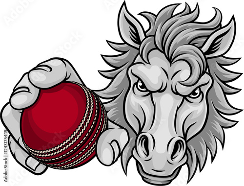 Horse mustang bronco stallion cricket angry sports team mascot holding a ball.