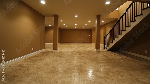 Finished Basement Room With Polished Floor and Staircase