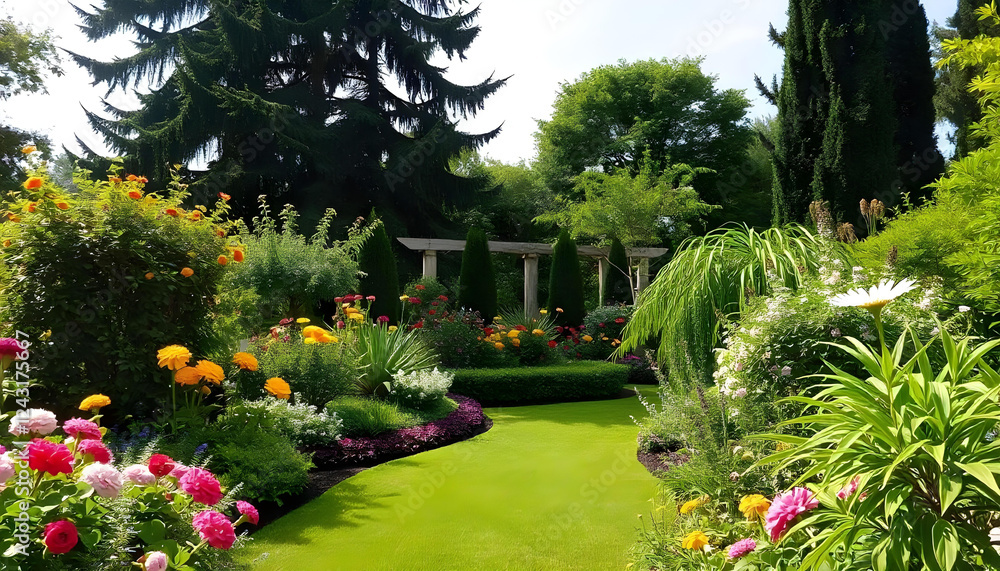 Fototapeta premium A breathtaking garden filled with vibrant, colorful flowers in full bloom, surrounded by lush greenery and towering trees. A winding stone path leads through the garden, with butterflies fluttering an