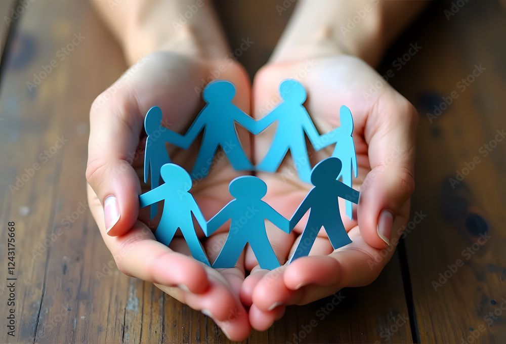 Two hands holding blue cutout paper figures on wooden table Two hands holding blue cutout paper figures on wooden table