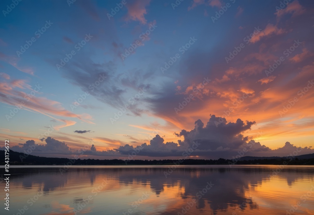 Fototapeta premium A beautiful sunset with clouds reflected in the calm water of a lake.
