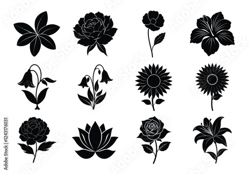 Flower silhouettes set. Collection of flowers vector illustration on white background