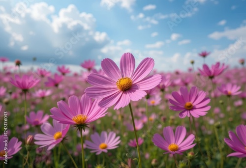 A field of pink cosmos flowers with a blue sky and clouds in the background