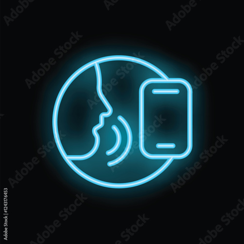 Neon icon of a human profile talking to a smartphone, representing concepts such as artificial intelligence and voice assistants