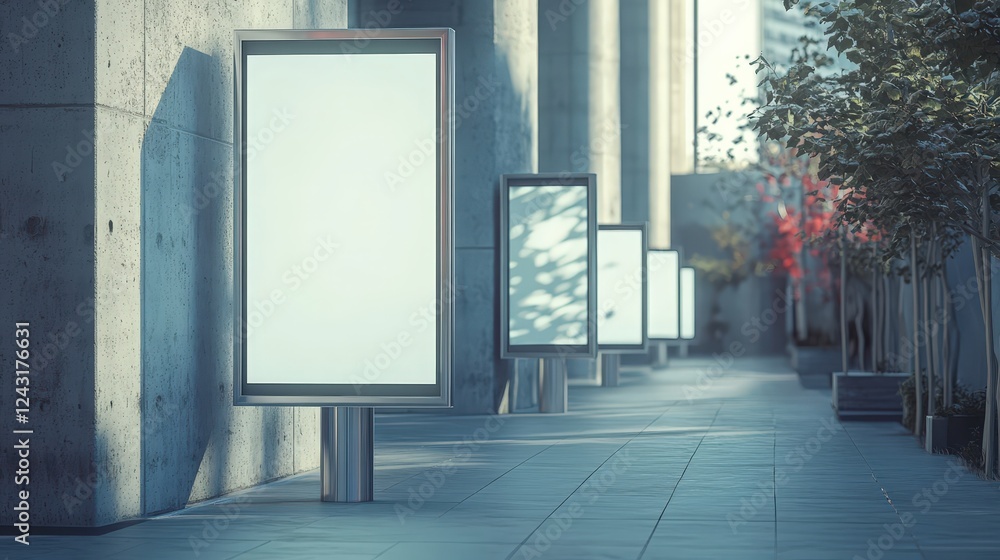 Vertical High Billboards on Sidewalk Surrounded by Contemporary Architecture and Greenery in Urban Environment at Sunrise or Sunset Vertical High Billboards on Sidewalk Surrounded by Contemporary Architecture and Greenery in Urban Environment at Sunrise or Sunset