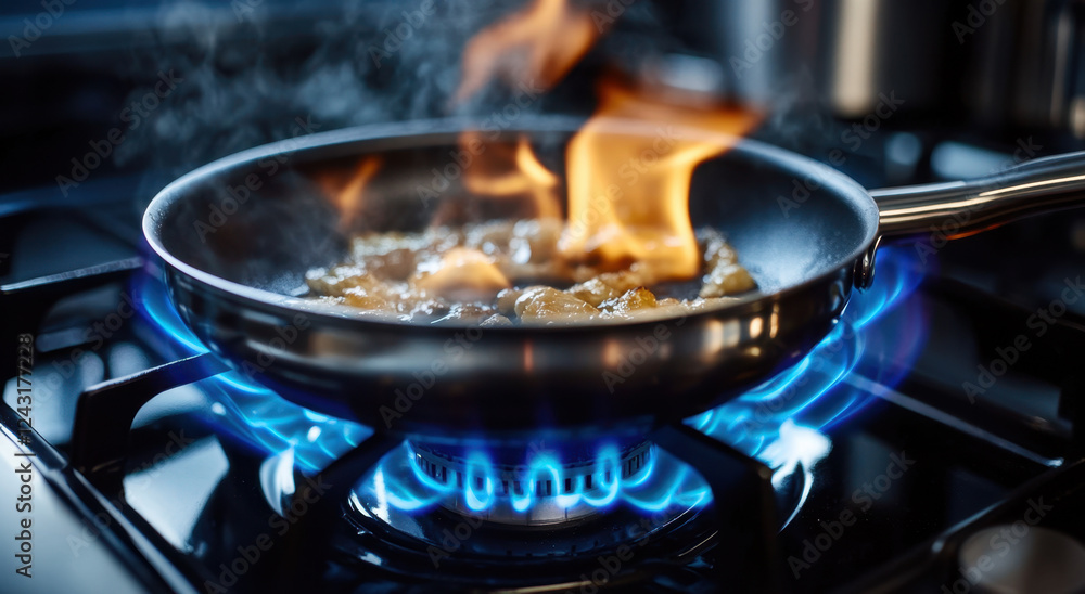 Food simmers in a metal pan on a gas burner, releasing steam and emitting vibrant flames in a cozy kitchen atmosphere Food simmers in a metal pan on a gas burner, releasing steam and emitting vibrant flames in a cozy kitchen atmosphere