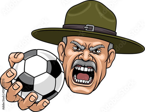 An angry drill instructor or sergeant bootcamp army soldier cartoon character holding soccer football ball sports team mascot illustration.
