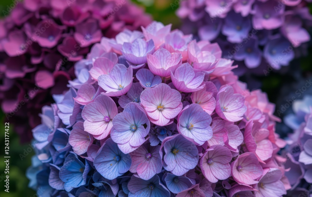 A close-up of vibrant hydrangea flowers in shades of purple, pink, and blue A close-up of vibrant hydrangea flowers in shades of purple, pink, and blue