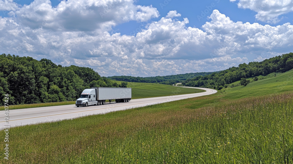 Logistics - A freight truck moves on a forest road Logistics - A freight truck moves on a forest road