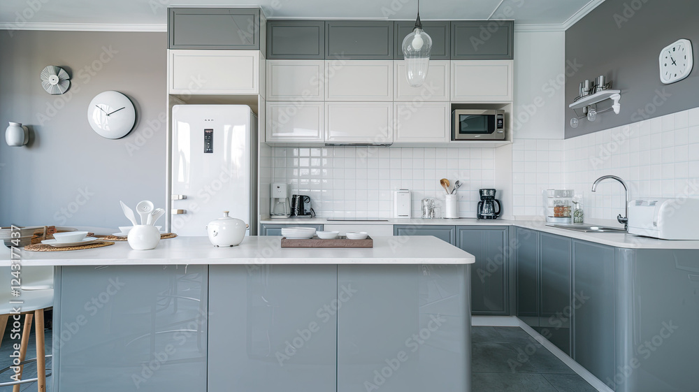 Fototapeta premium Modern Kitchen Interior with Gray and White Color Scheme, Sleek and Minimalist Design, High-Resolution Clean and Stylish Look, Contemporary Appliances, Spacious and Bright Atmosphere for Culinary