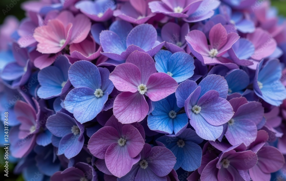 A close-up of vibrant hydrangea flowers in shades of purple, pink, and blue A close-up of vibrant hydrangea flowers in shades of purple, pink, and blue