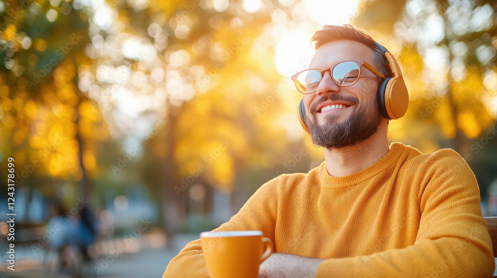 man wearing headphone and taking coffee or tea man wearing headphone and taking coffee or tea