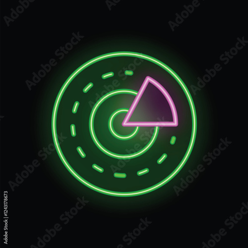 Glowing green and pink neon sign of a radar detecting signal with a triangle slice highlighting a specific area