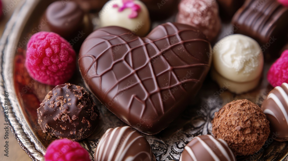 Assorted Delicious Chocolates, A Heart-Shaped Dark Chocolate, and Raspberries on a Silver Tray Assorted Delicious Chocolates, A Heart-Shaped Dark Chocolate, and Raspberries on a Silver Tray