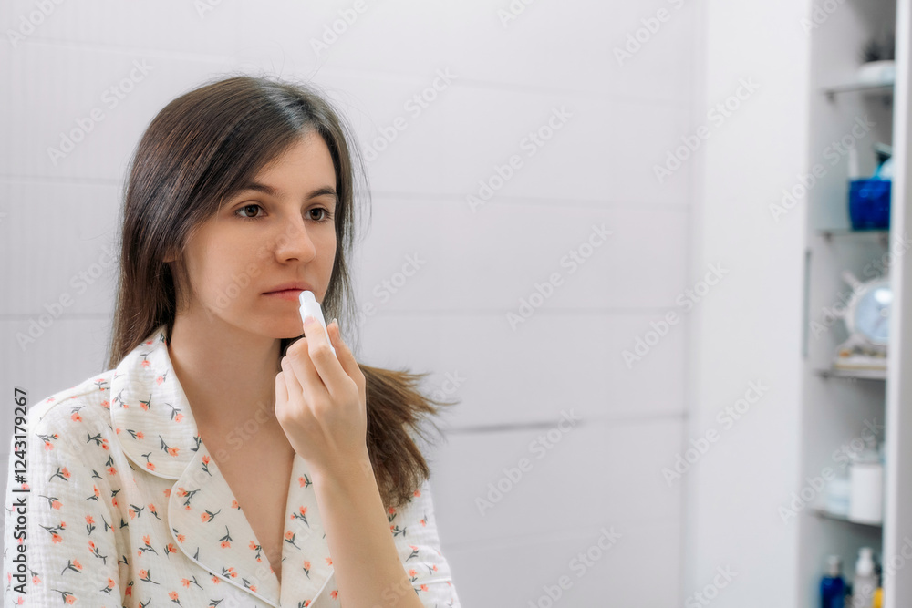 woman applying hygienic lip balm woman applying hygienic lip balm