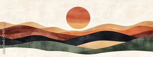 A hand-drawn illustration of the sun setting over rolling hills
