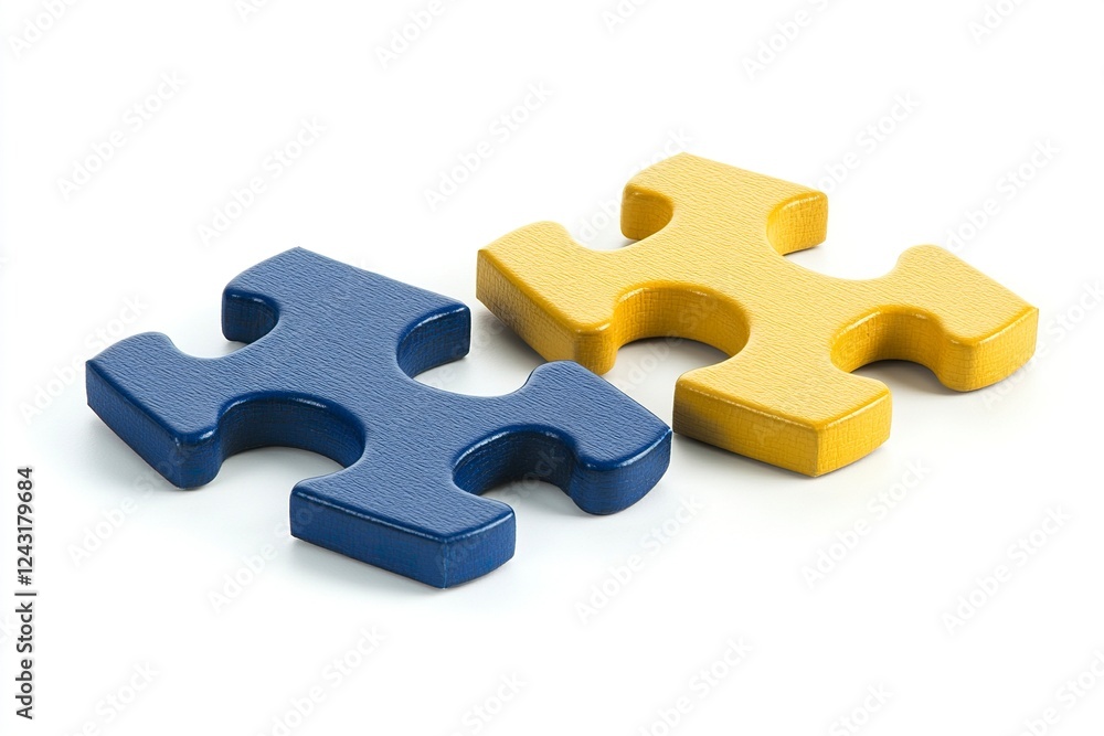 Photo of yellow and blue puzzle pieces on a white background, depicting a tangent line between them. The concept is classroom education with a focus on intelligence symbolized by geometric shapes Photo of yellow and blue puzzle pieces on a white background, depicting a tangent line between them. The concept is classroom education with a focus on intelligence symbolized by geometric shapes
