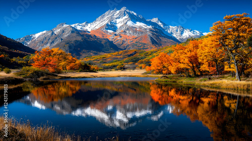 Autumnal lake reflecting snow-capped mountains (3)