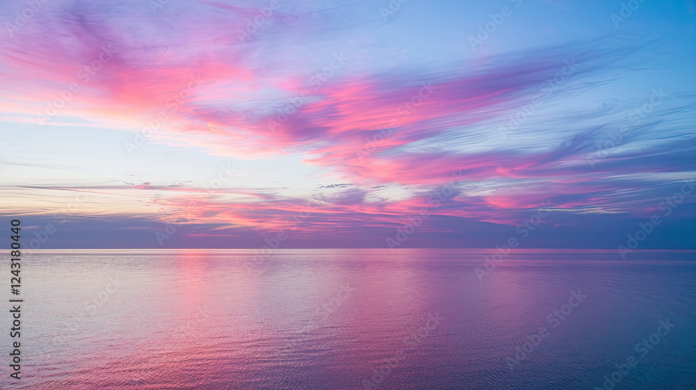 Obraz premium Serene Dawn Seascape with Soft Pink, Purple, and Blue Sky, Wispy Clouds, Tranquil Ocean Reflection, Gentle Waves, Clear Horizon, Peaceful Coastal Atmosphere, High-Resolution Scenic Background 