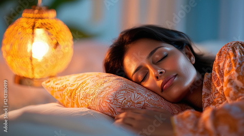 Indian woman, who is dressed in light one-color pajamas, she sleeps peacefully on an orthopedic pillow