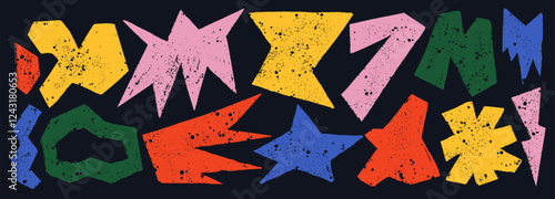 Set of hand drawn vector characters various colorful abstract angular flat vector shapes with paper cut aesthetics with a rough texture. Dirty grunge texture, banner, background.