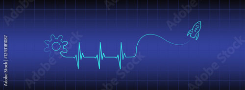 Blue medical banner, editable lines heart rhythm illustration, gear, spacecraft rocket vector design to use for healthcare, business idea, healthy lifestyle, medical science concept projects. 