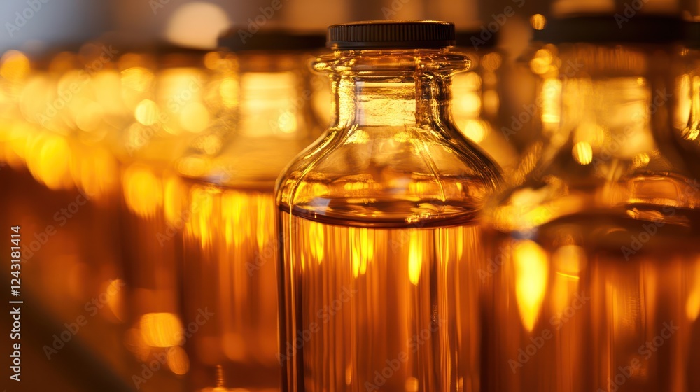 Golden Amber Liquid in Glass Bottles Golden Amber Liquid in Glass Bottles