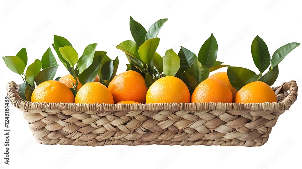 A Basket of Fresh Oranges with Lush Green Leaves A Basket of Fresh Oranges with Lush Green Leaves