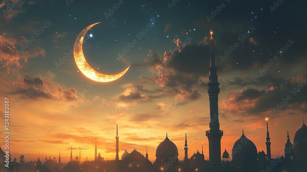 Naklejka premium Celebrate the holy month of Ramadan with this beautiful greeting card featuring a crescent moon and a warm message.