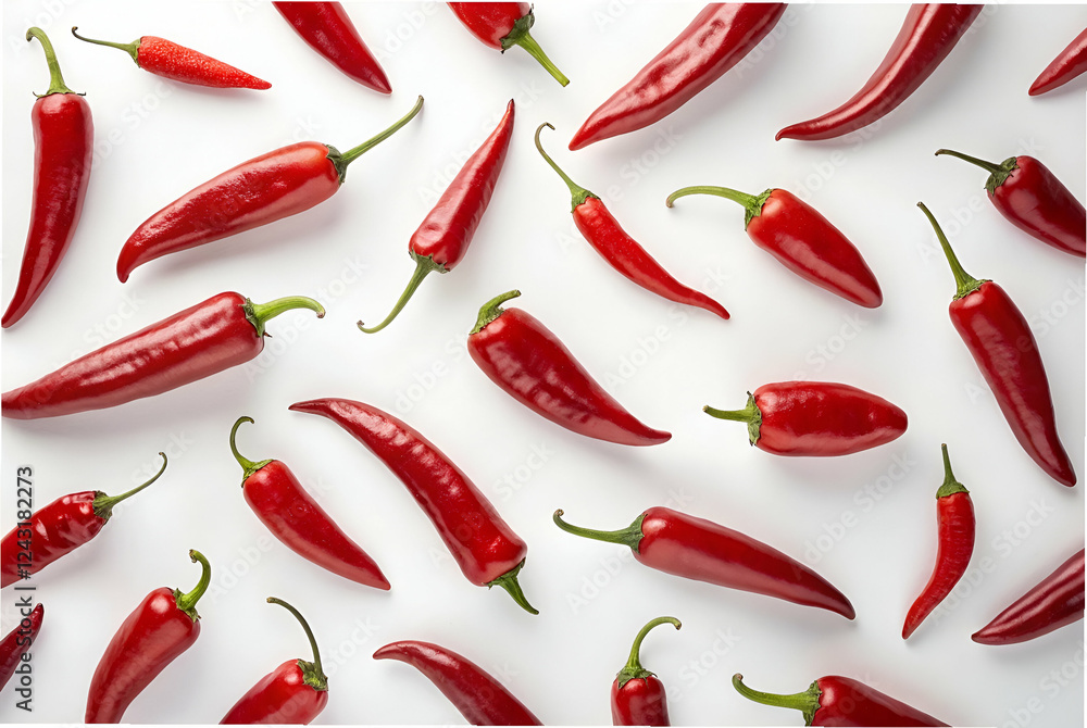 A vibrant array of red chilies scattered against a white background, showcasing their varying shapes and sizes in a visually appealing layout. A vibrant array of red chilies scattered against a white background, showcasing their varying shapes and sizes in a visually appealing layout.
