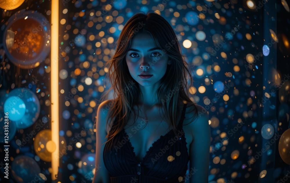 Fototapeta premium A woman standing in a dark room with glowing particles surrounding her